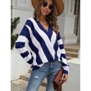 NWOT Boutique Womens Sweater S Blue Pointelle‎ Chevron Stripe Preppy Tunic
